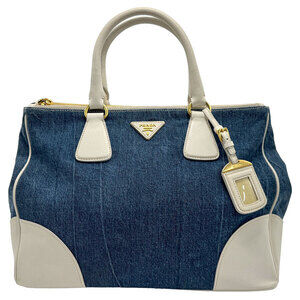 Prada handbag denim leather blue off white gold